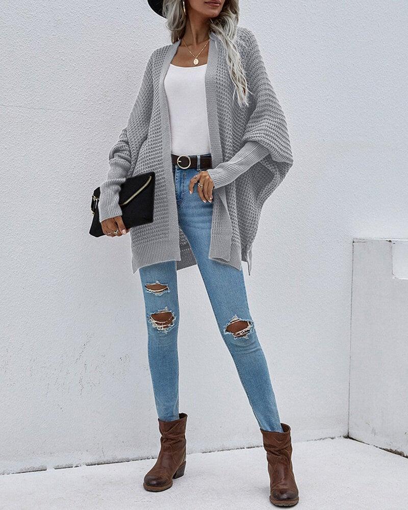 Batwing Sleeve Split Hem Open Front Cardigan