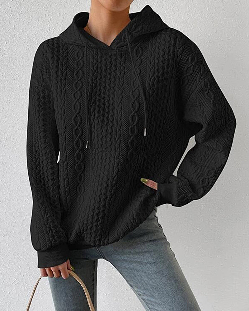 Cable Textured Drop Shoulder Drawstring Hoodie Sweatshirts