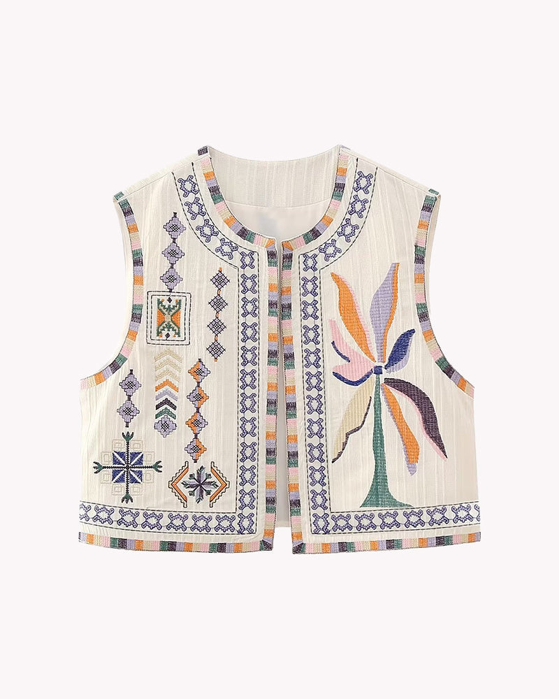 Buttonless Retro Ethnic Style Embroidered Vest Sleeveless Cardigan Crop Top