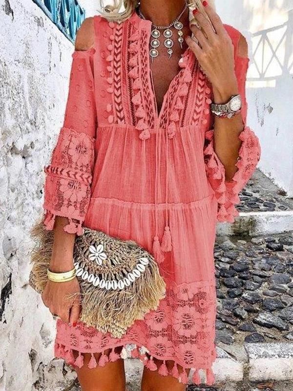 Fashion Women Off Shoulder V neck Tassel Decoration Shift Dresses