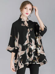 Size Curve Blouses Crane Print Loose Oversized Blouse