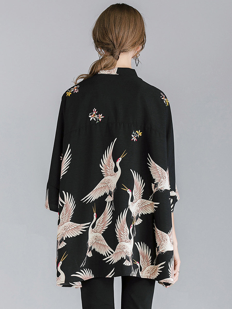 Size Curve Blouses Crane Print Loose Oversized Blouse