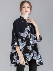 Size Curve Blouses Crane Print Loose Oversized Blouse