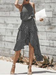 Fashion wave point lace-up irregular slim skater dress