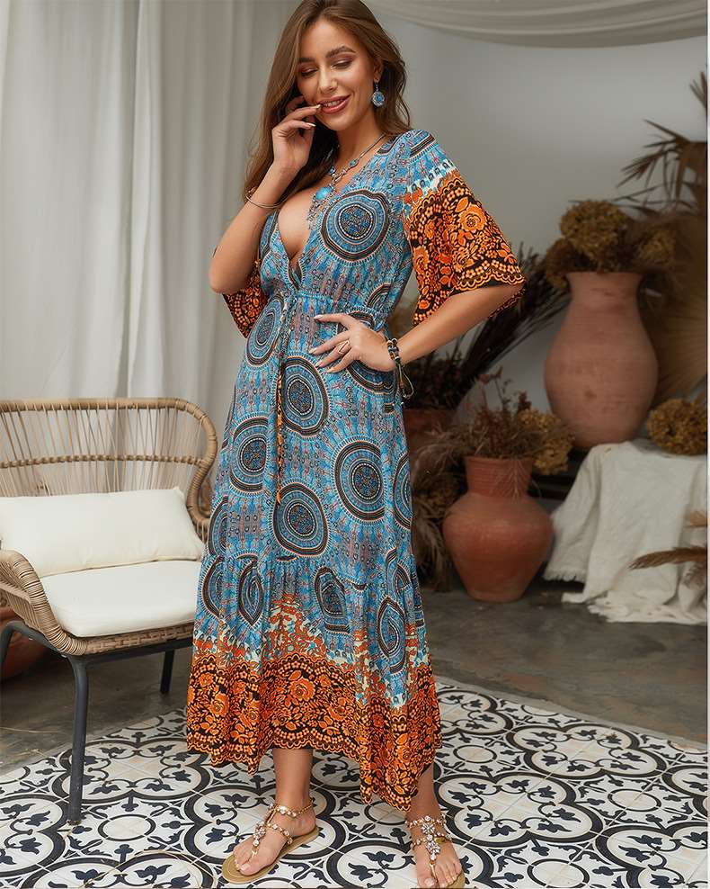 Fashion V neck Half sleeve Lacing Maxi Dresses