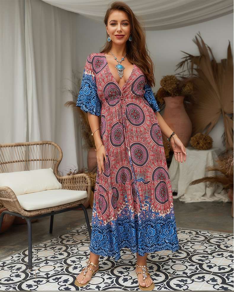 Fashion V neck Half sleeve Lacing Maxi Dresses