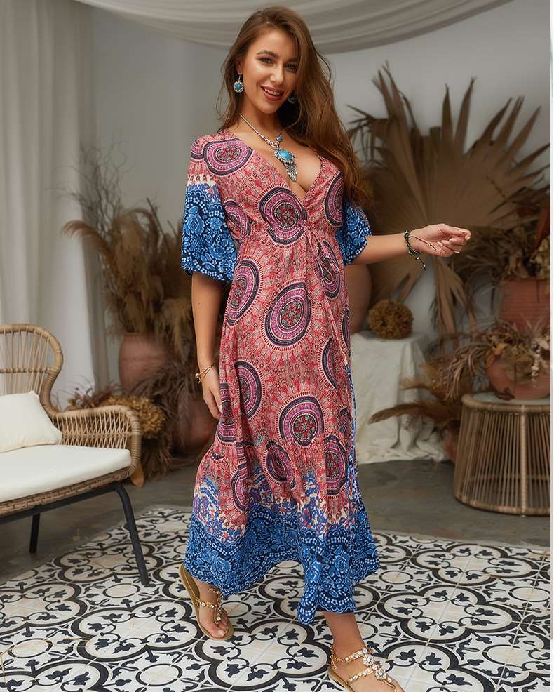 Fashion V neck Half sleeve Lacing Maxi Dresses