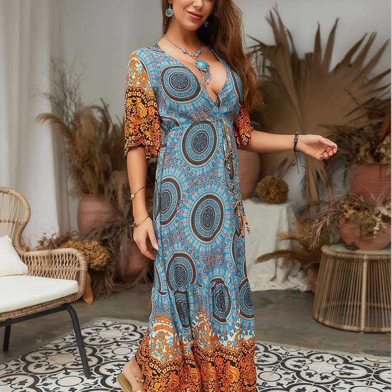Fashion V neck Half sleeve Lacing Maxi Dresses
