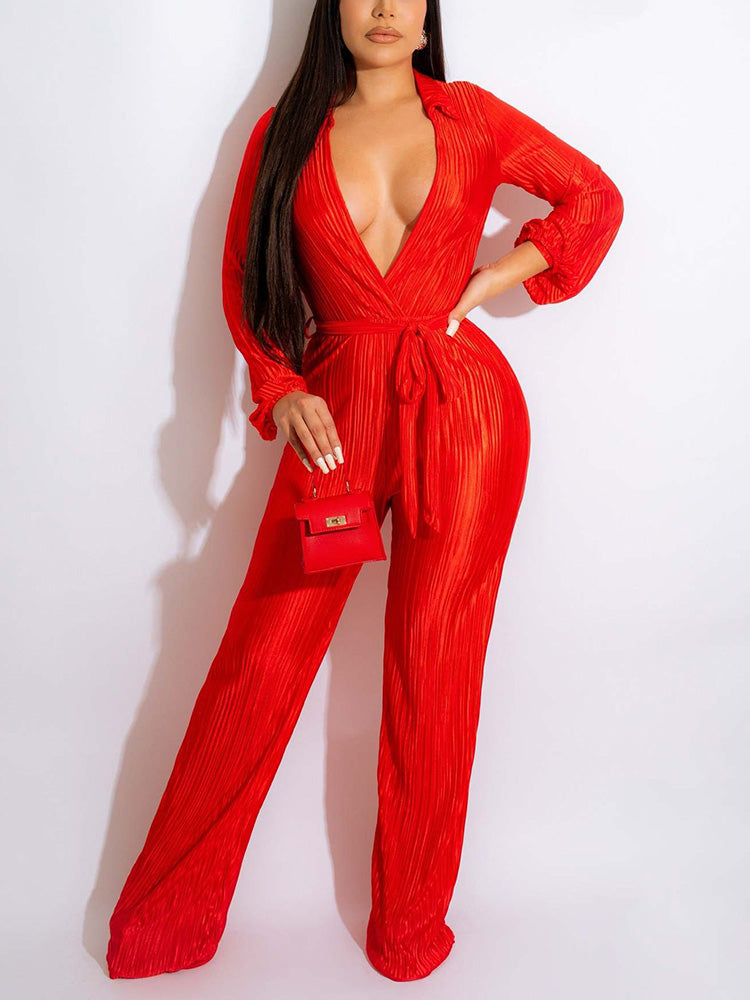 Pleated Deep V Neck Jumpsuit