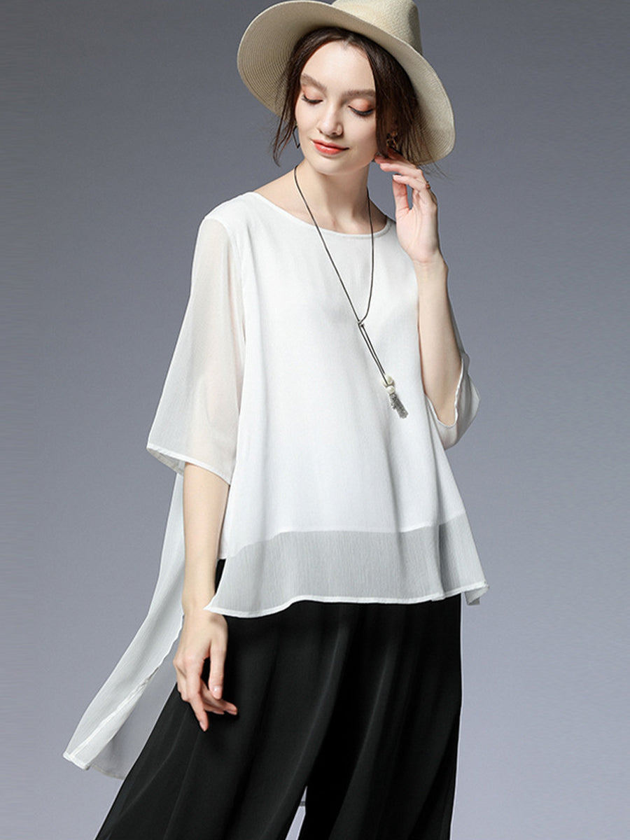 Size Curve Blouses Loose Elegant Round Neck Mid-Sleeved Chiffon Blouse