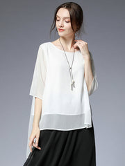 Size Curve Blouses Loose Elegant Round Neck Mid-Sleeved Chiffon Blouse