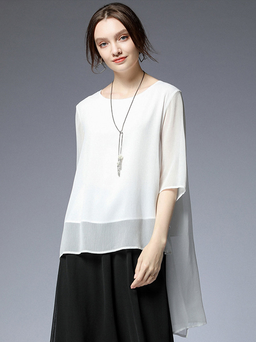 Size Curve Blouses Loose Elegant Round Neck Mid-Sleeved Chiffon Blouse