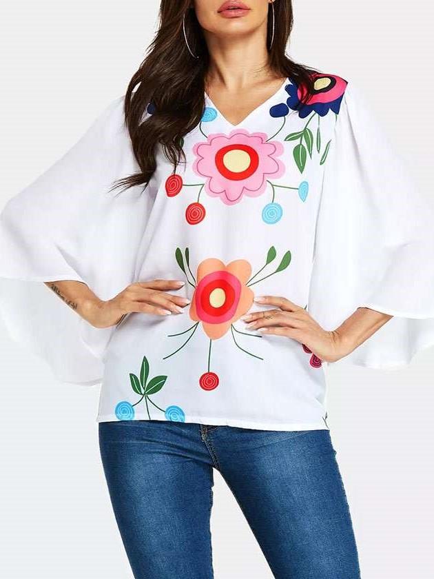 Fashion V neck Plus Casual Print T-Shirts