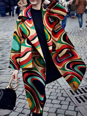 Fashion Turndown Collar Printed Colour Long Sleeve Pocket Coat