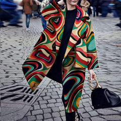 Fashion Turndown Collar Printed Colour Long Sleeve Pocket Coat