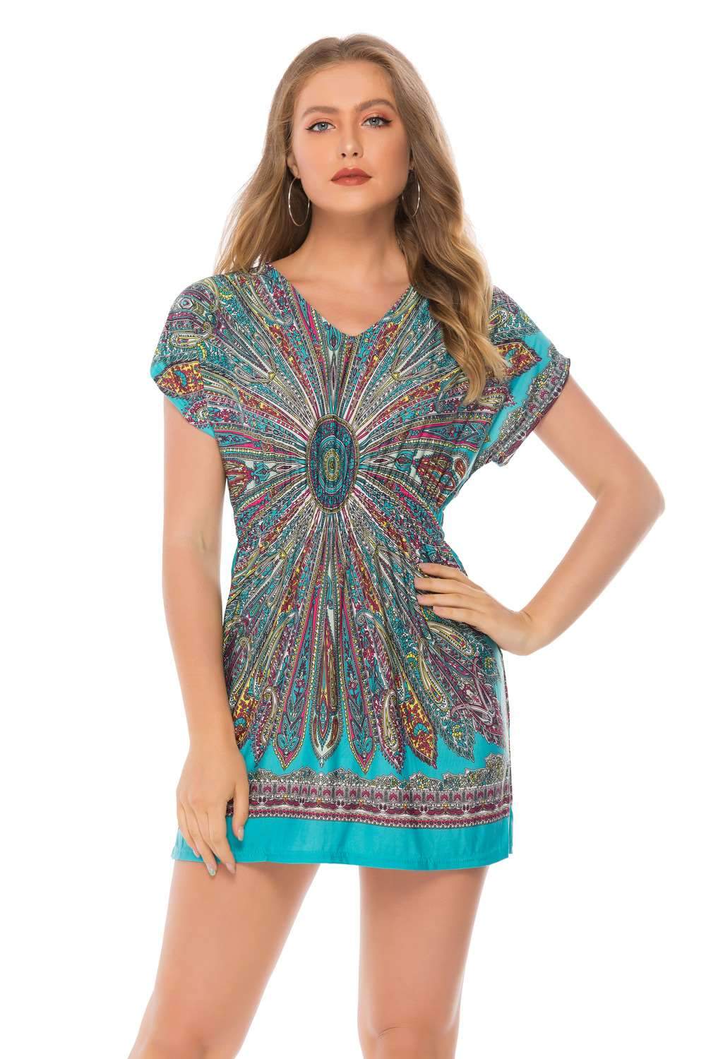 Fashion V neck Print Short sleeve Shift Dresses