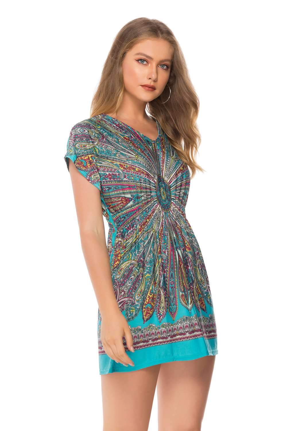 Fashion V neck Print Short sleeve Shift Dresses