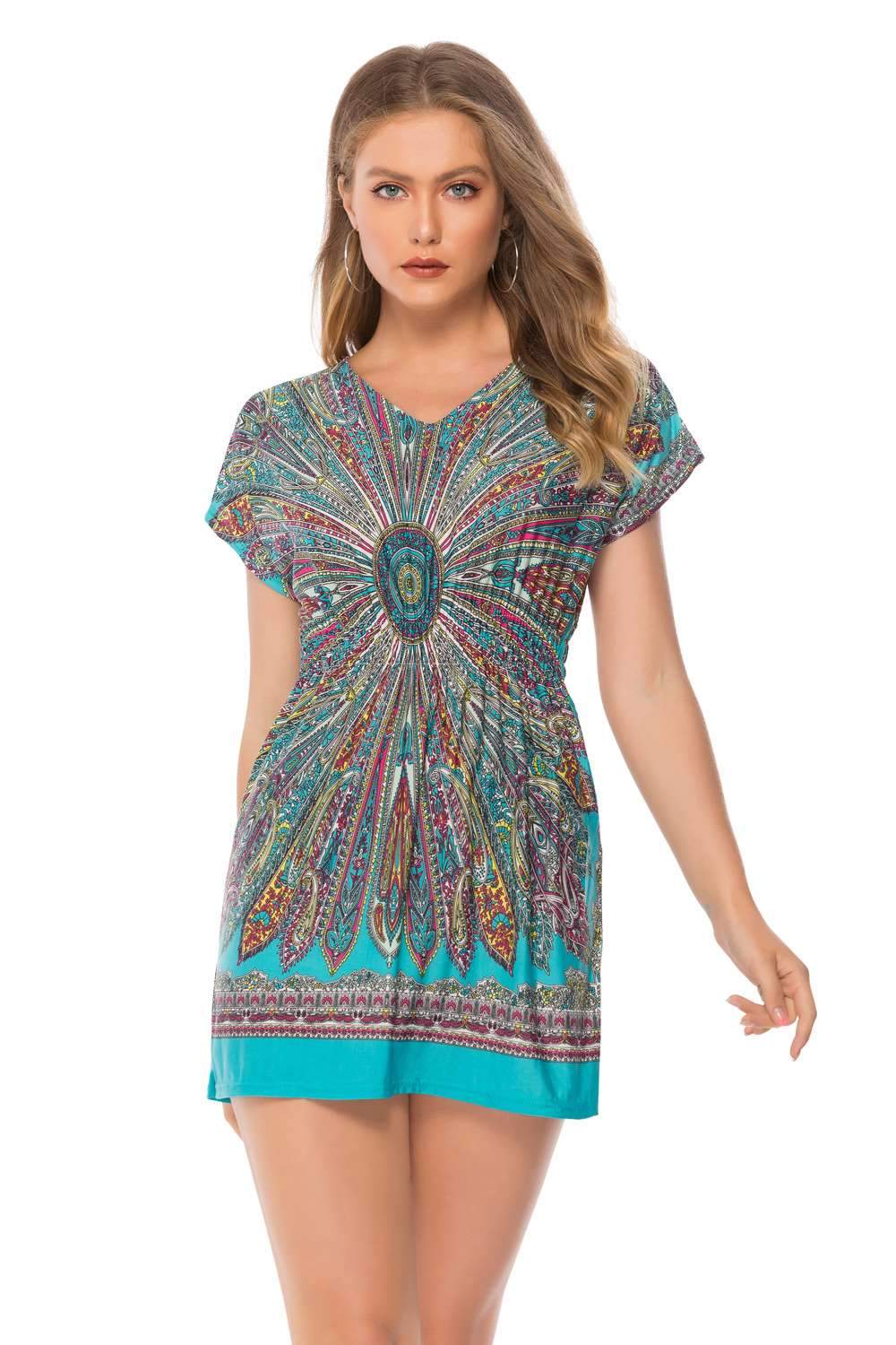 Fashion V neck Print Short sleeve Shift Dresses