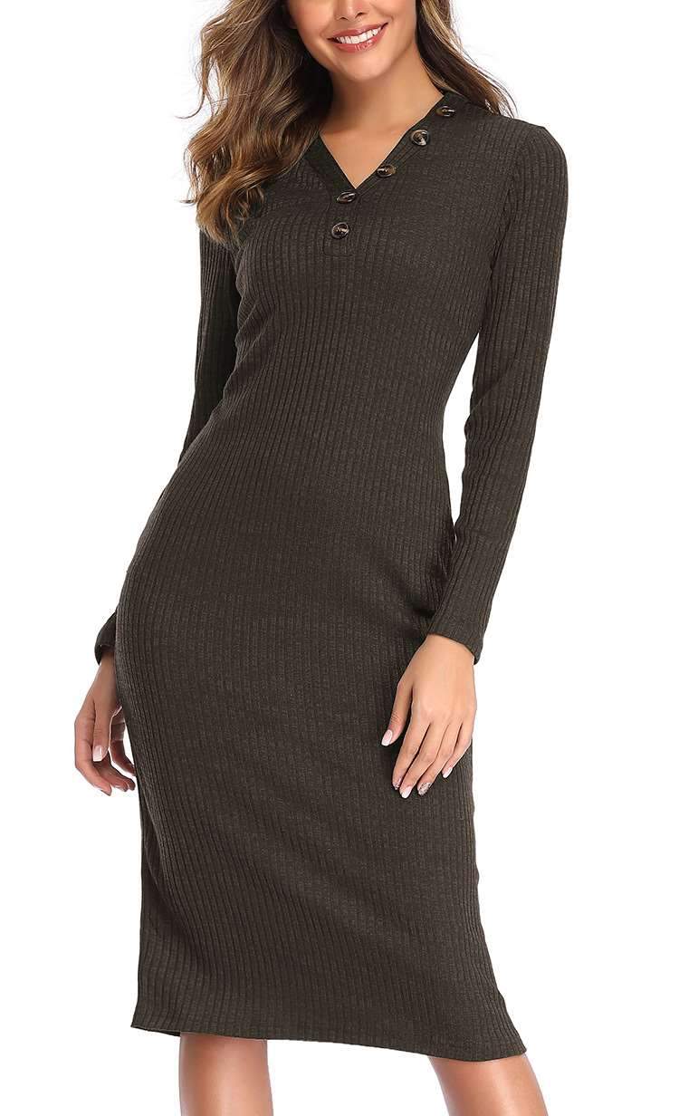 Fashion V neck  Fastener Long sleeve Knit Tee Maxi Dresses