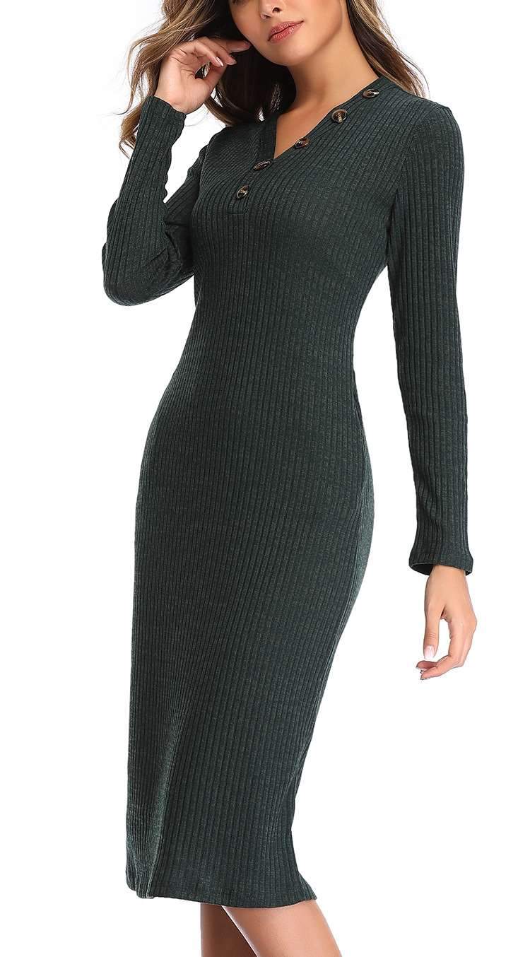 Fashion V neck  Fastener Long sleeve Knit Tee Maxi Dresses