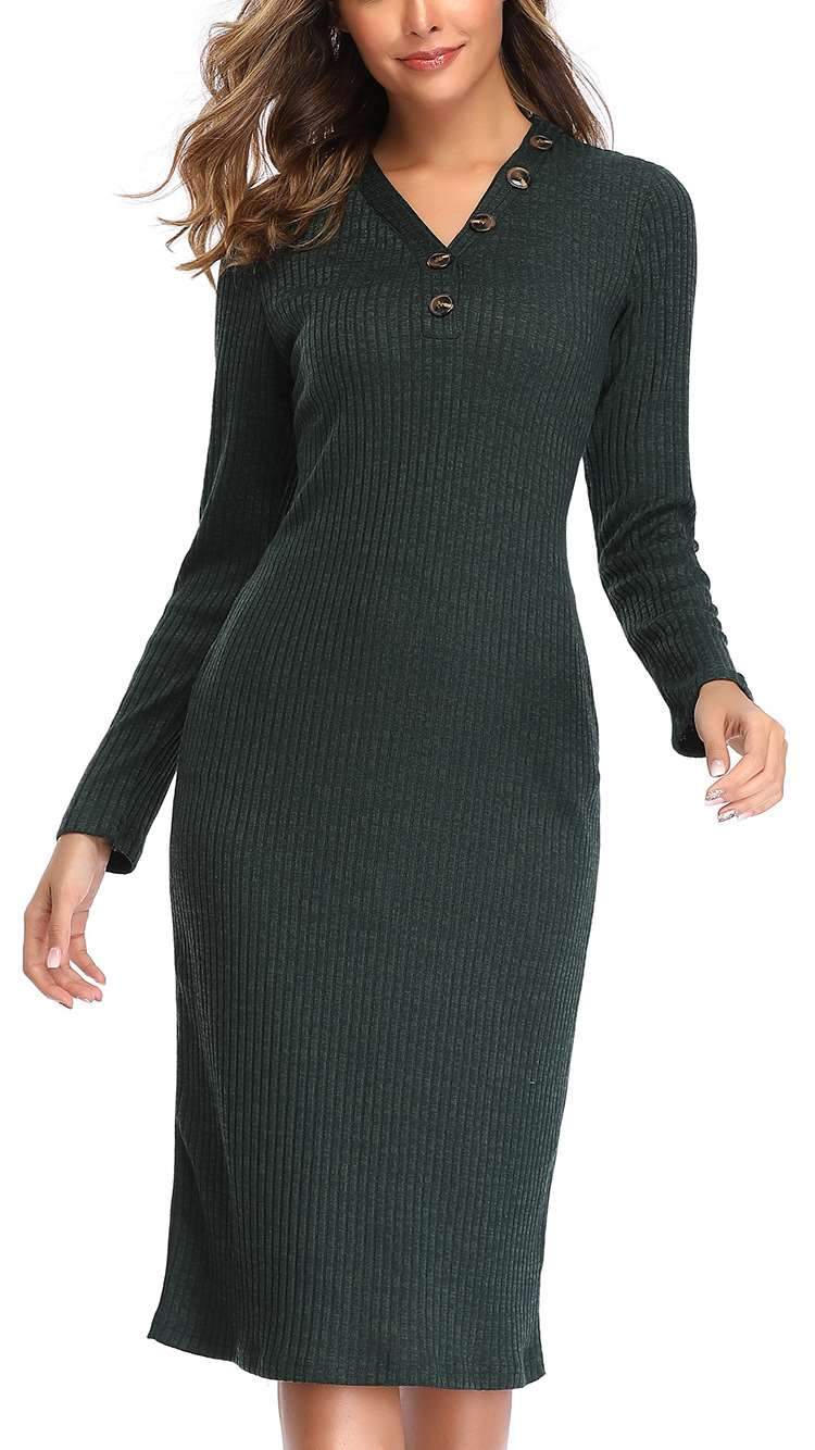 Fashion V neck  Fastener Long sleeve Knit Tee Maxi Dresses