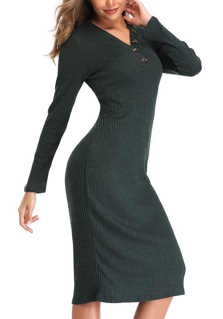 Fashion V neck  Fastener Long sleeve Knit Tee Maxi Dresses