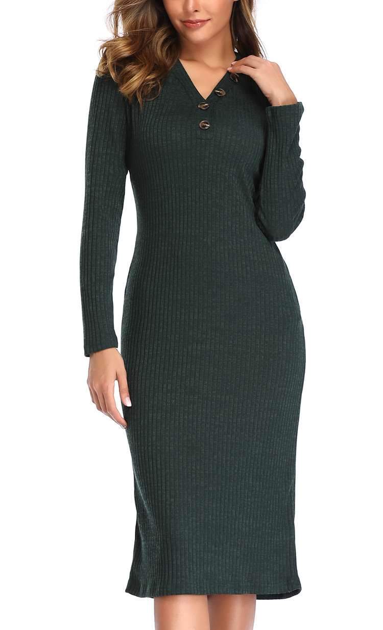 Fashion V neck  Fastener Long sleeve Knit Tee Maxi Dresses
