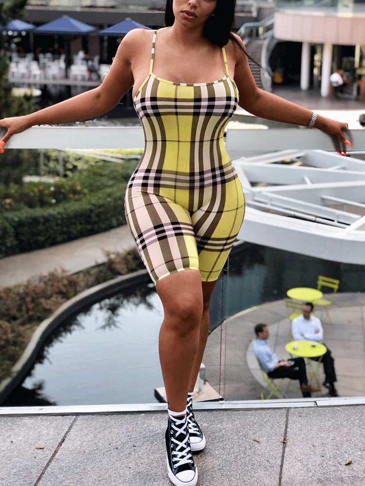 Plaid Spaghetti Strap Short Pants Jumpsuit