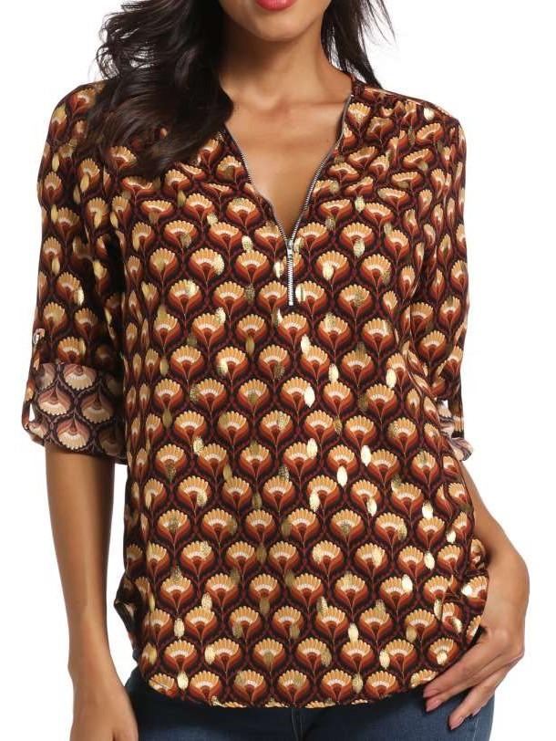 Fashion Zipper V neck Print Long sleeve Blouses