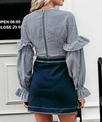 Fashion V neck Plaid Falbala Longt sleeve Blouses