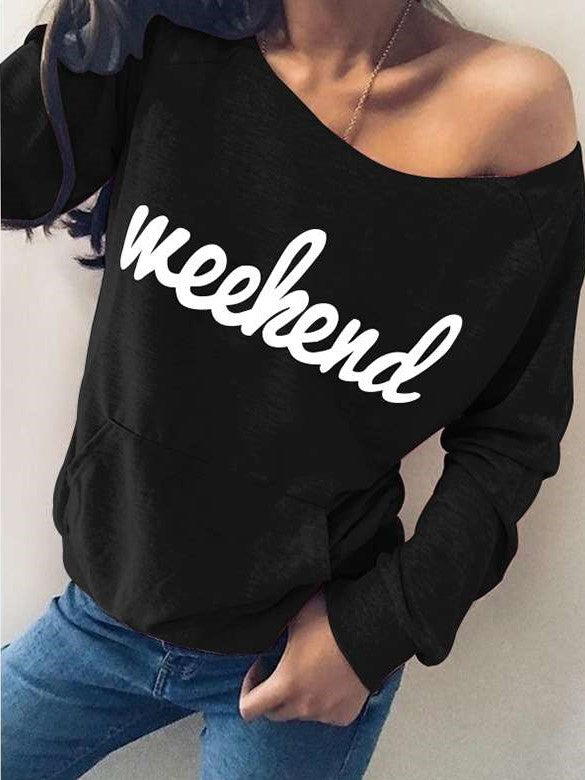 Fashion Word print Round neck Long sleeve Pocket T-Shirts
