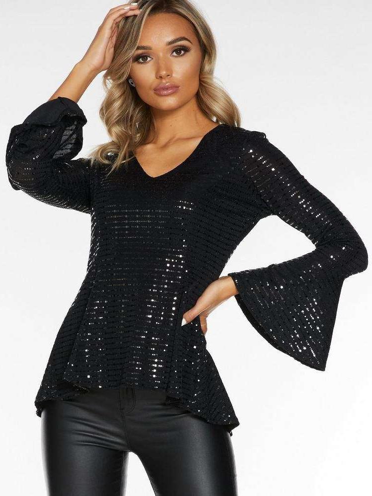 Fashion V neck Long sleeve Paillette T-Shirts