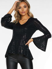 Fashion V neck Long sleeve Paillette T-Shirts