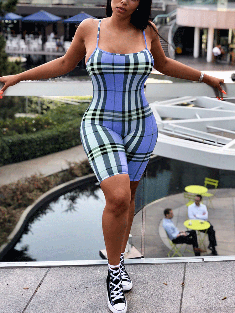 Plaid Spaghetti Strap Short Pants Jumpsuit