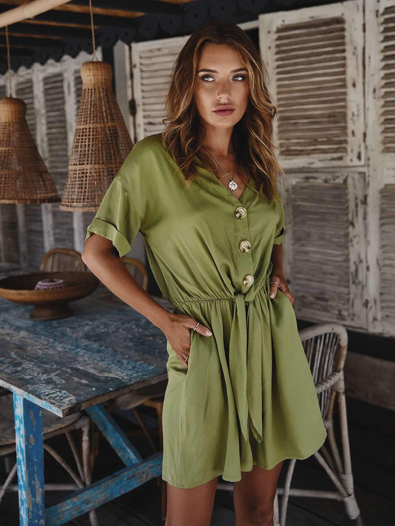 Fashion V neck Lacing Fastener Half sleeve Jumpsuits