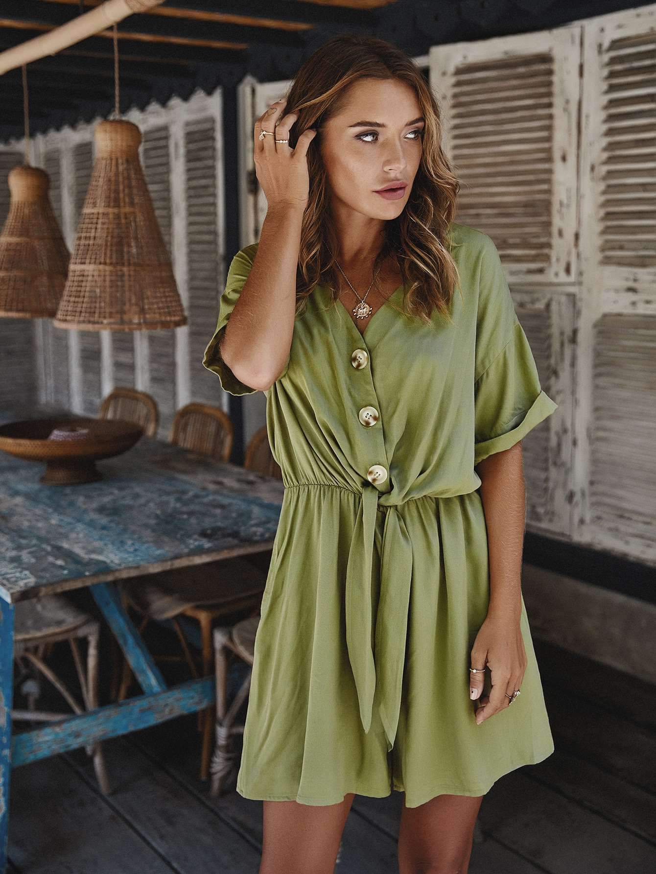 Fashion V neck Lacing Fastener Half sleeve Jumpsuits