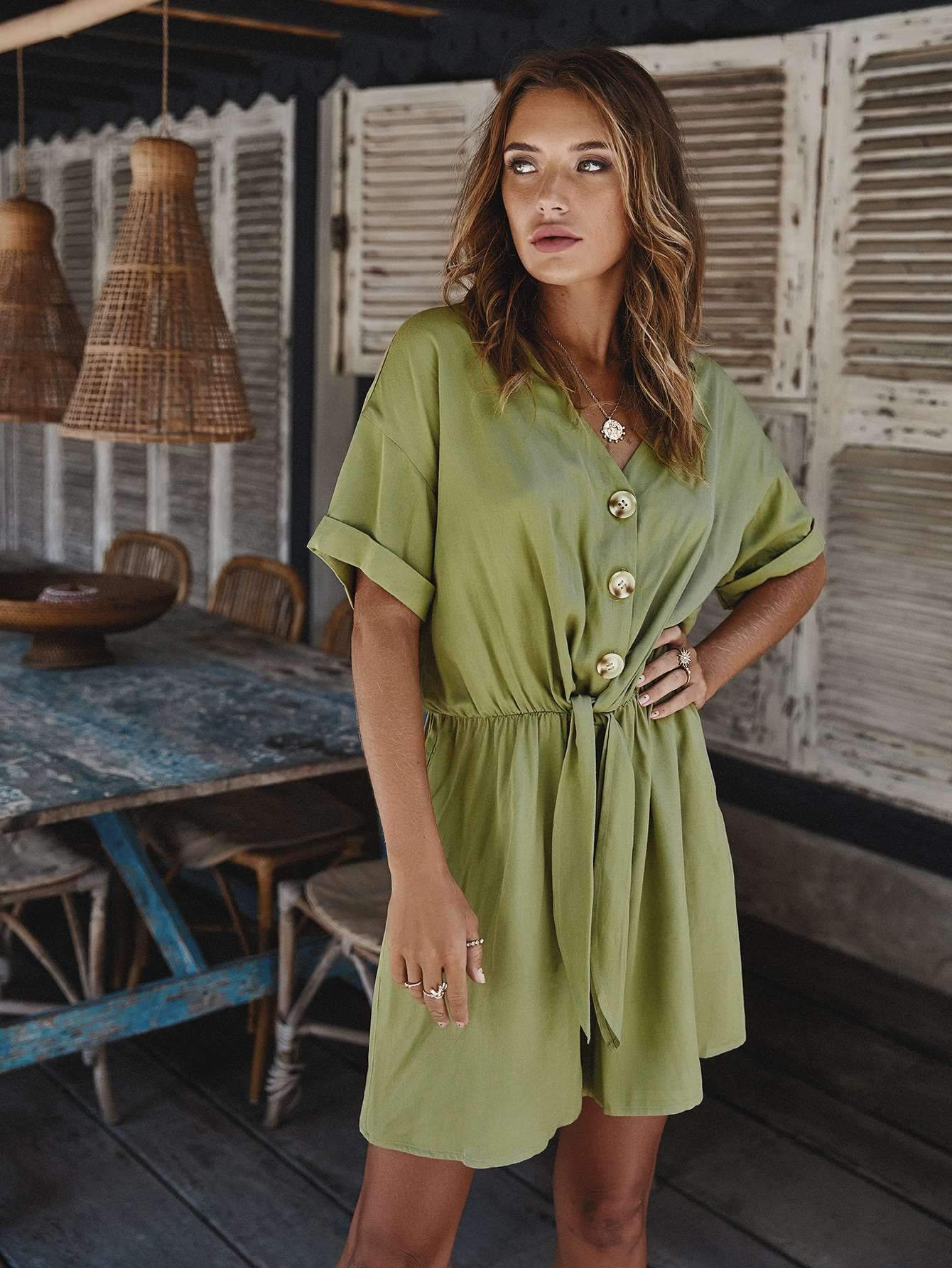 Fashion V neck Lacing Fastener Half sleeve Jumpsuits