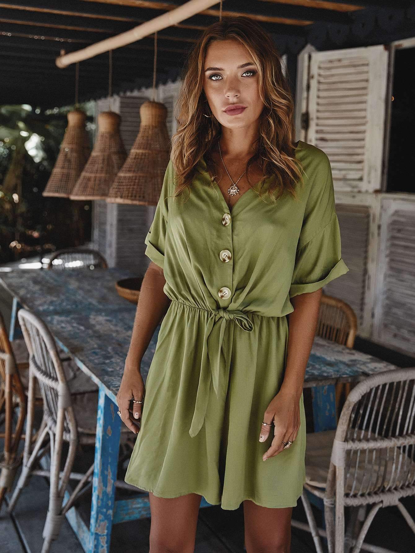 Fashion V neck Lacing Fastener Half sleeve Jumpsuits