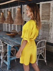 Fashion V neck Lacing Fastener Half sleeve Jumpsuits