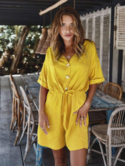 Fashion V neck Lacing Fastener Half sleeve Jumpsuits