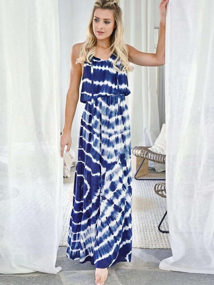 Fashion Vest Stripe Print Sleeveless Maxi Dresses