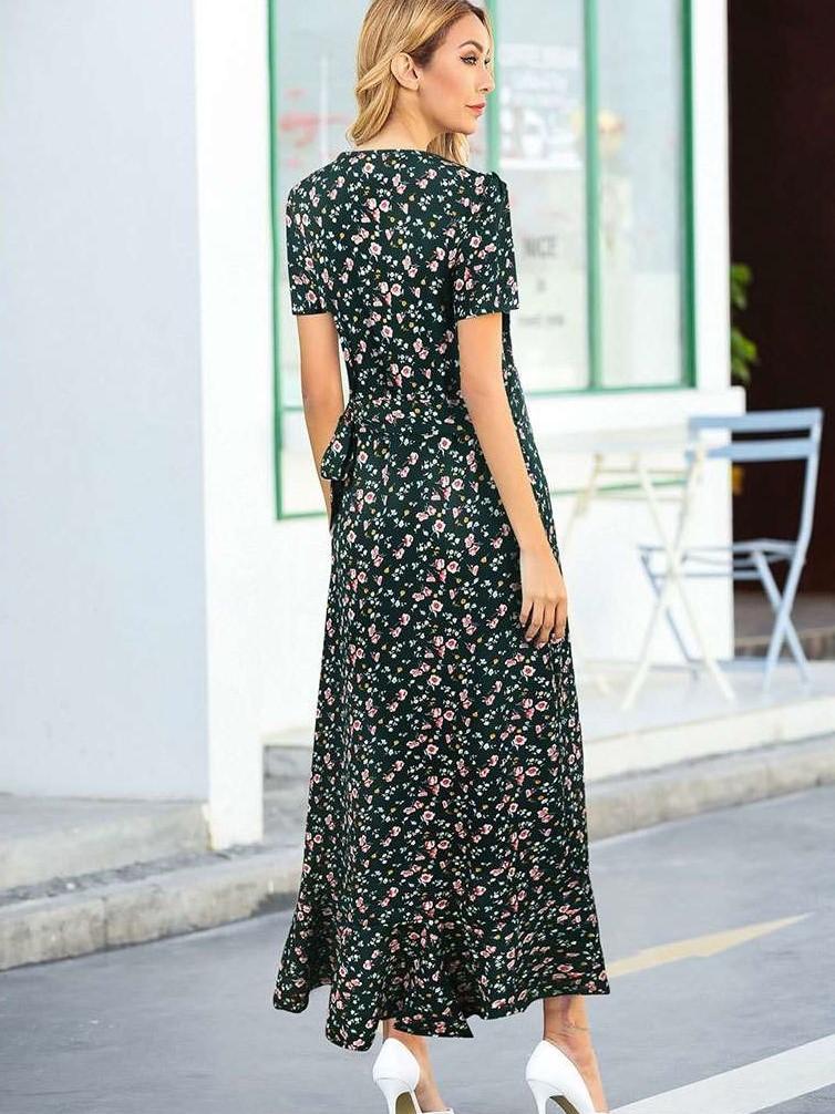 Fashion V neck Short sleeve Print Irregular  Falbala Maxi Dresses