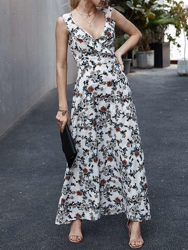 Fashion V neck Print Sleeveless Maxi Dresses