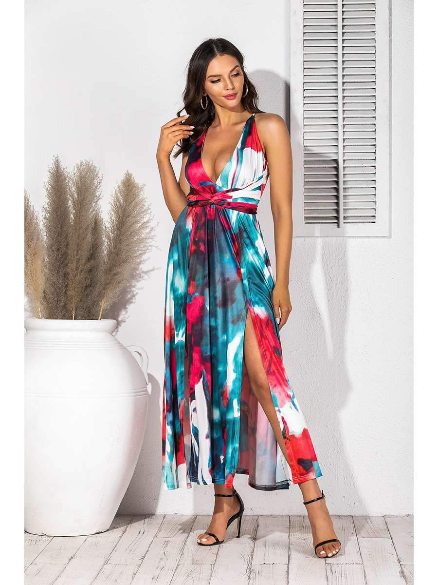 Fashion V neck Print Sleeveless Maxi Dresses