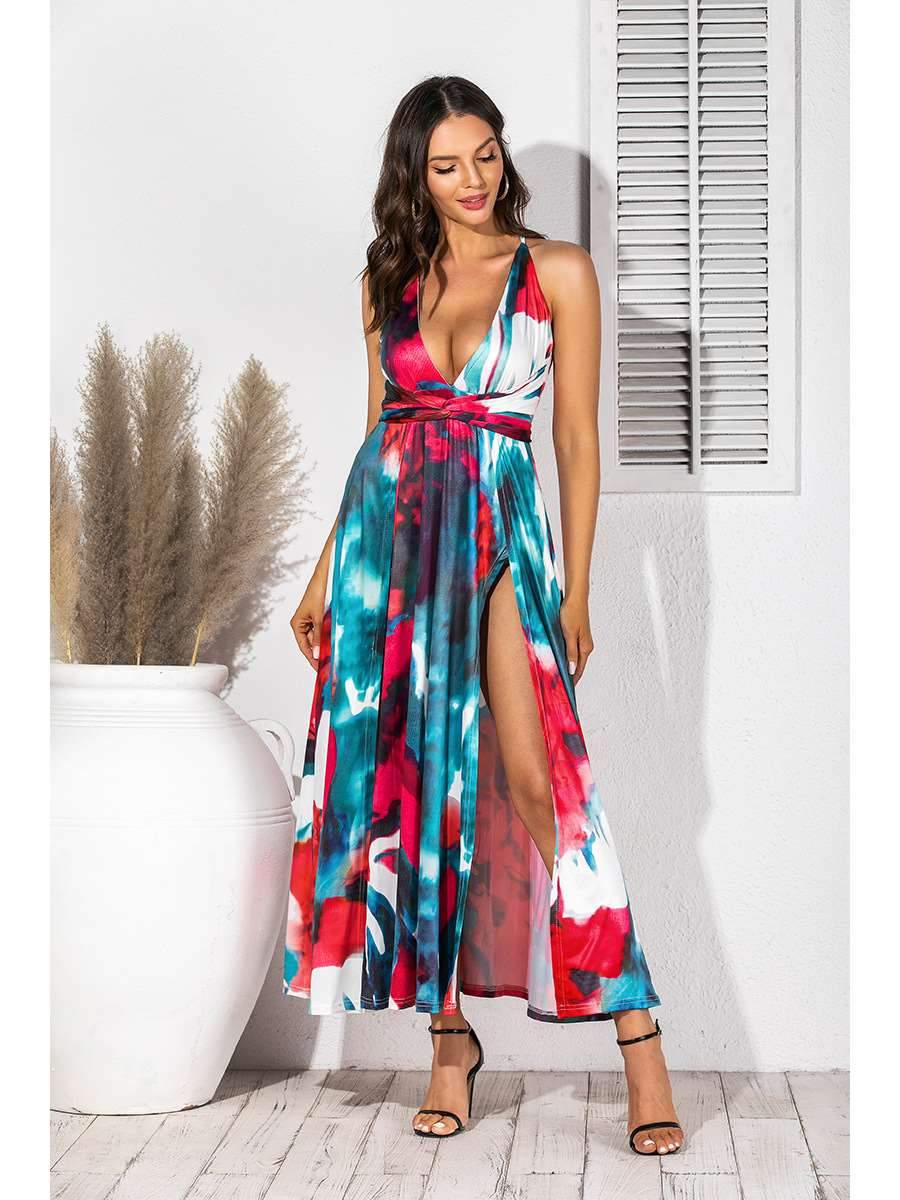 Fashion V neck Print Sleeveless Maxi Dresses