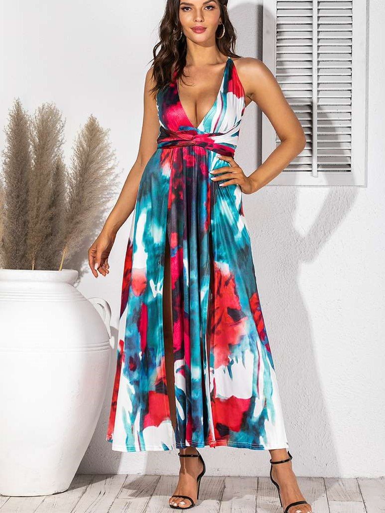 Fashion V neck Print Sleeveless Maxi Dresses