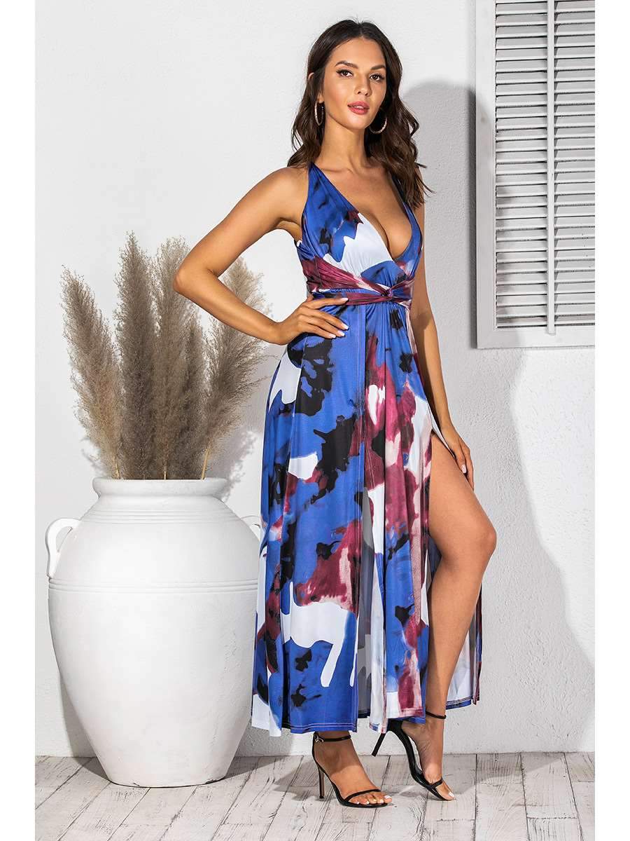 Fashion V neck Print Sleeveless Maxi Dresses