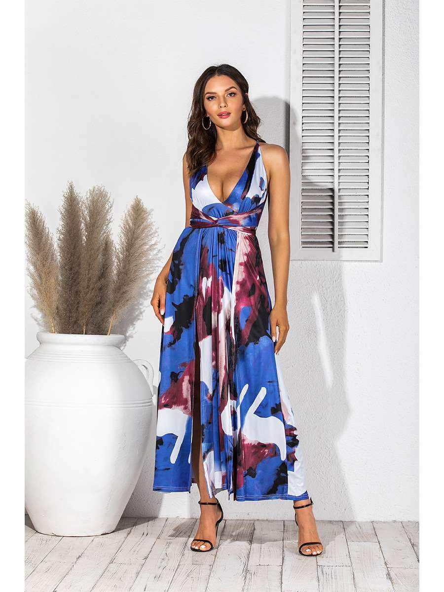 Fashion V neck Print Sleeveless Maxi Dresses