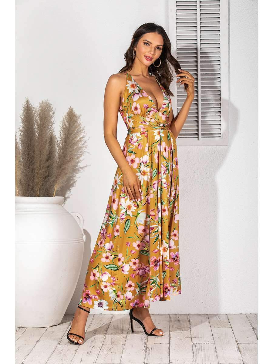 Fashion V neck Print Sleeveless Maxi Dresses