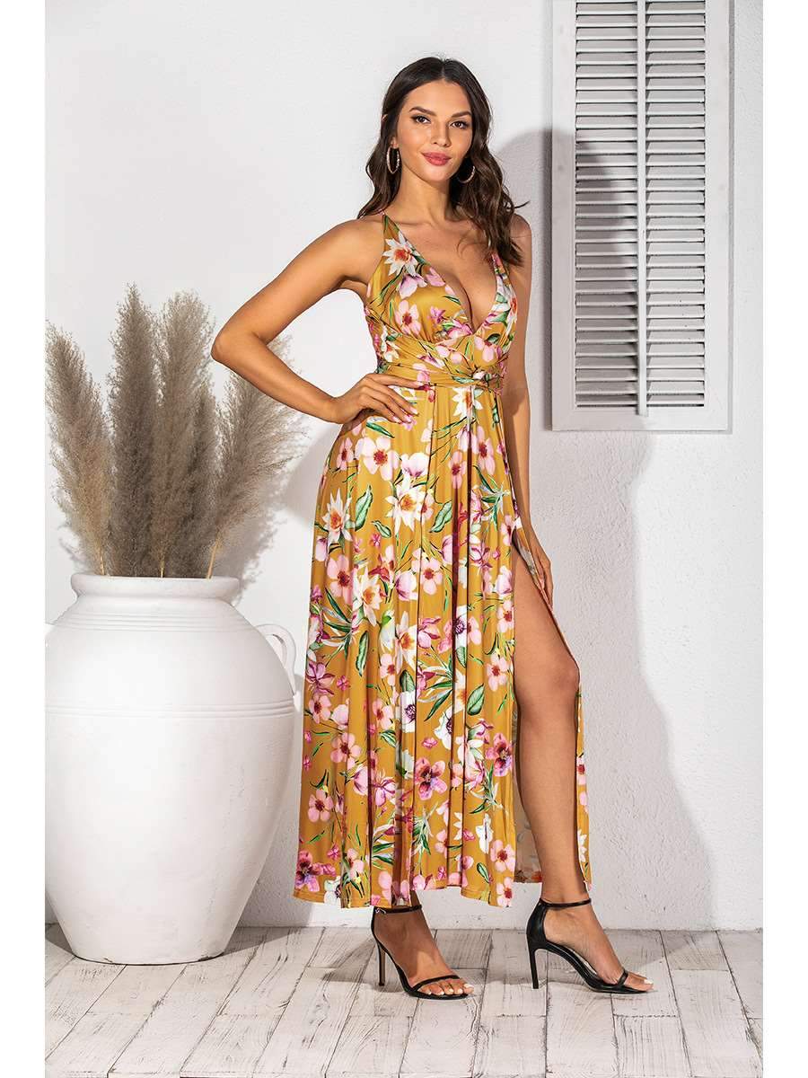 Fashion V neck Print Sleeveless Maxi Dresses